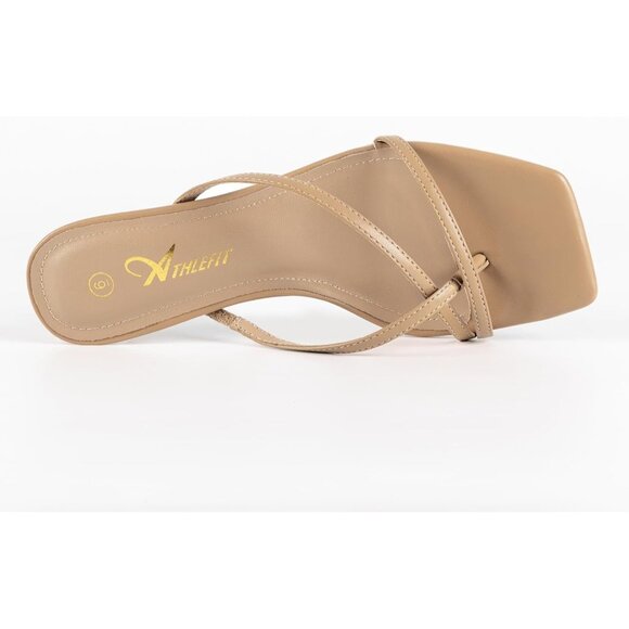 Athlefit Women's Camel Polyurethane Square Open Toe Kitten Heels Thong Sandals - Picture 3 of 6